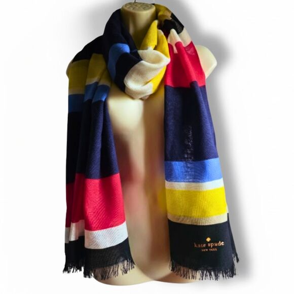 Kate Spade Wool Multi-Color Block Stripe Lightweight Long Scarf Designer Chic - Picture 2 of 8